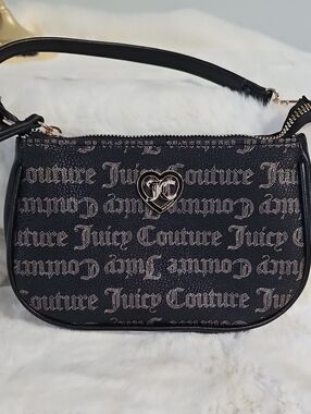 Juicy Couture Black Logo Heart Shoulder Bag with Gold Hardware